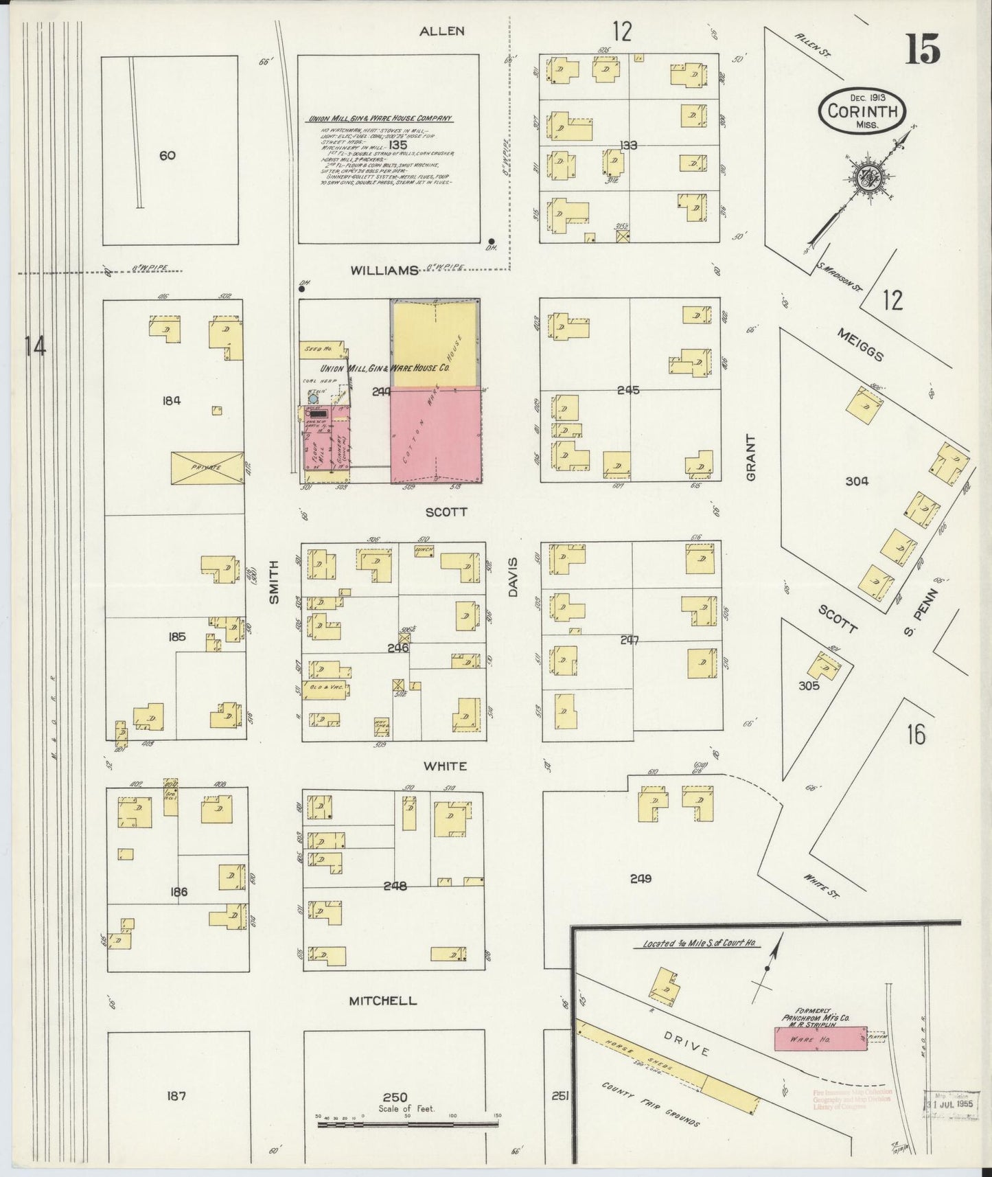 Sanborn Fire Insurance Map from Corinth, Alcorn County, Mississippi (1913), Sheet #0015 - Historic Sanborn Fire Insurance Map Print, vintage old map wall art, antique decor, genealogy gift, Mississippi Mississippi map