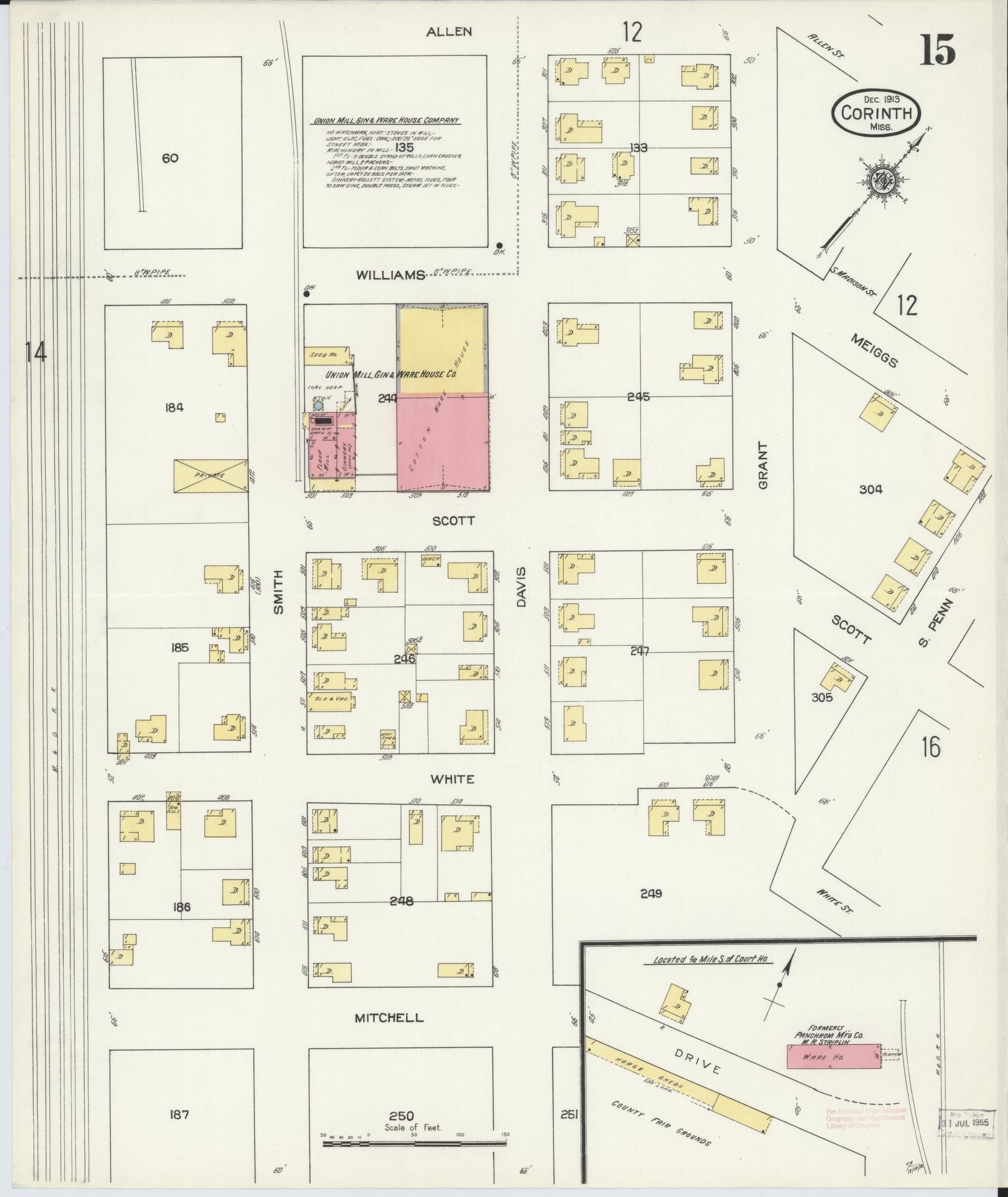 Sanborn Fire Insurance Map from Corinth, Alcorn County, Mississippi (1913), Sheet #0015 - Historic Sanborn Fire Insurance Map Print, vintage old map wall art, antique decor, genealogy gift, Mississippi Mississippi map