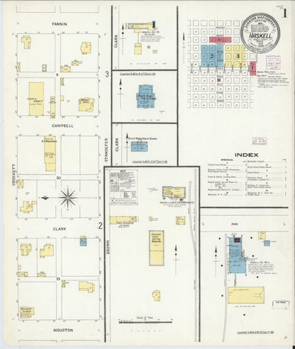 Sanborn Fire Insurance Map from Haskell, Haskell County, Texas (1908), Sheet #0001 - Historic Sanborn Fire Insurance Map Print, vintage old map wall art, antique decor, genealogy gift, Texas Texas map