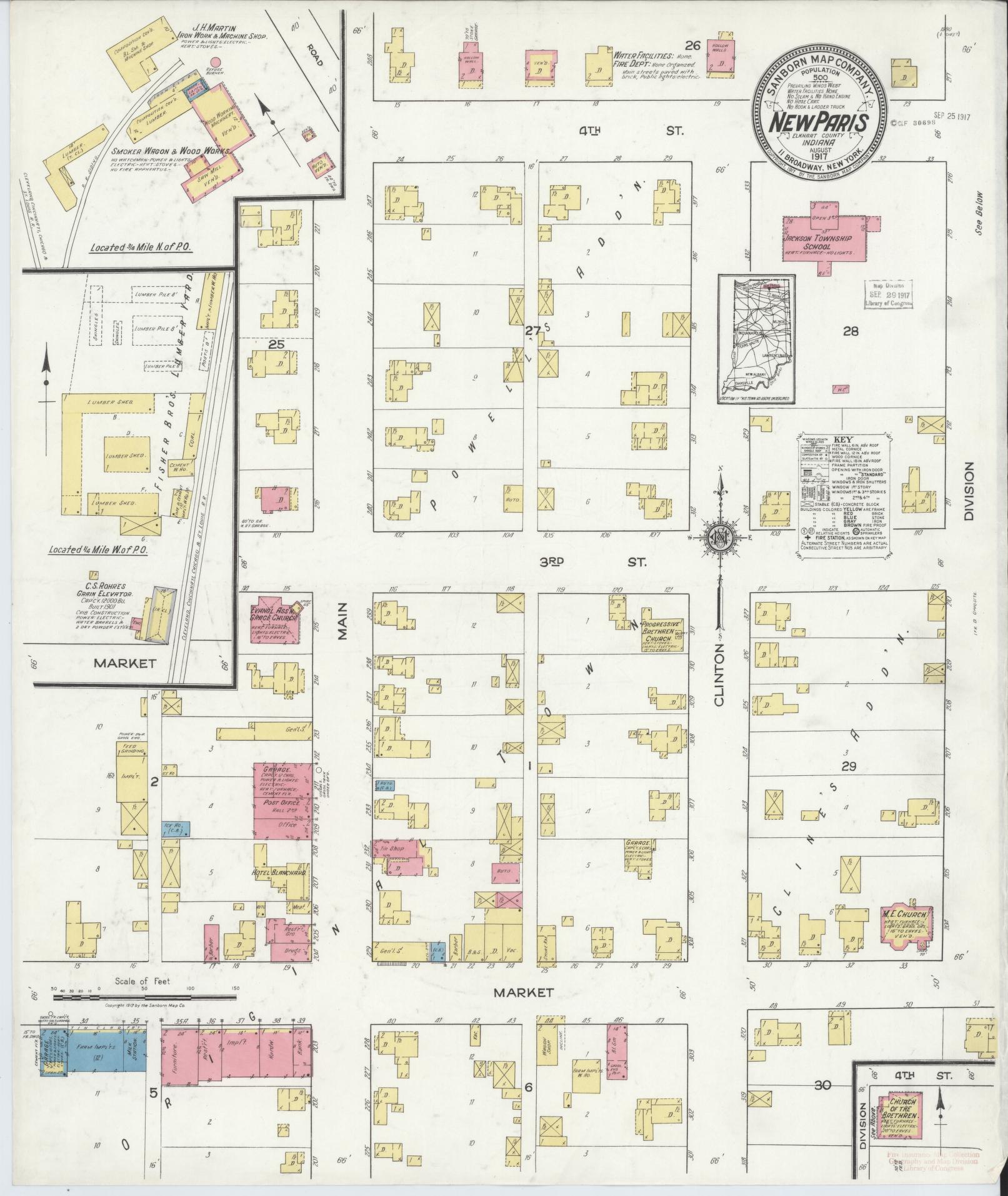 Sanborn Fire Insurance Map from New Paris, Elkhart County, Indiana (1917), Sheet #0001 - Historic Sanborn Fire Insurance Map Print, vintage old map wall art, antique decor, genealogy gift, Indiana Indiana map