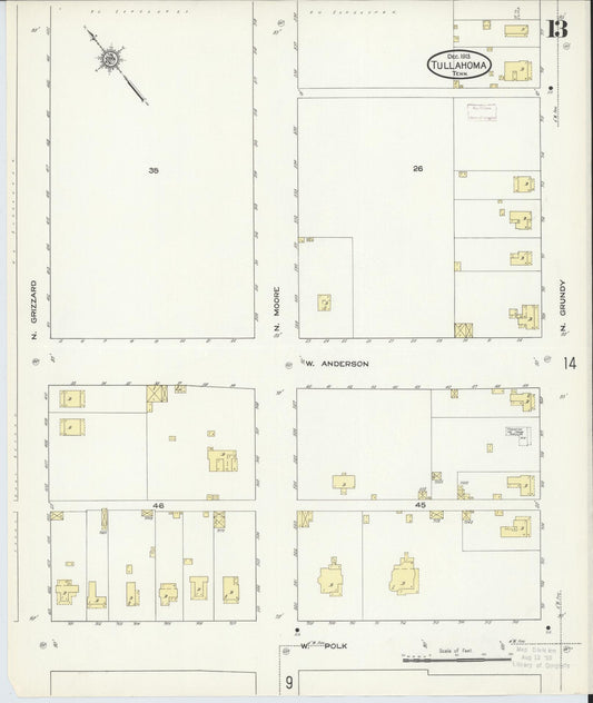 Sanborn Fire Insurance Map from Tullahoma, Coffee County, Tennessee (1913), Sheet #0013 - Historic Sanborn Fire Insurance Map Print, vintage old map wall art, antique decor, genealogy gift, Tennessee Tennessee map