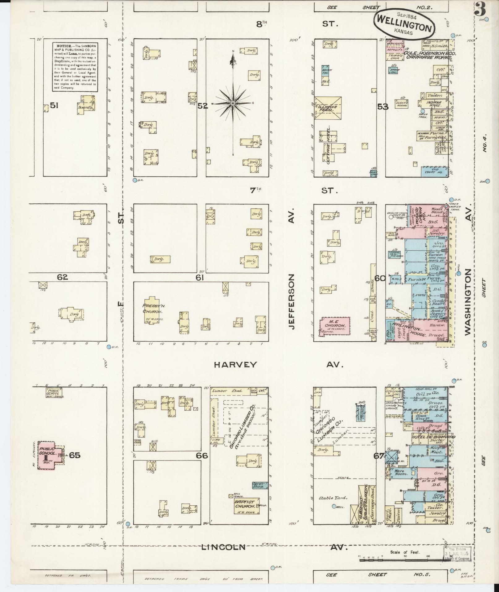 Sanborn Fire Insurance Map from Wellington, Sumner County, Kansas (1884), Sheet #0003 - Complete Map Set gallery image, historic Sanborn map, vintage wall art, Kansas Kansas