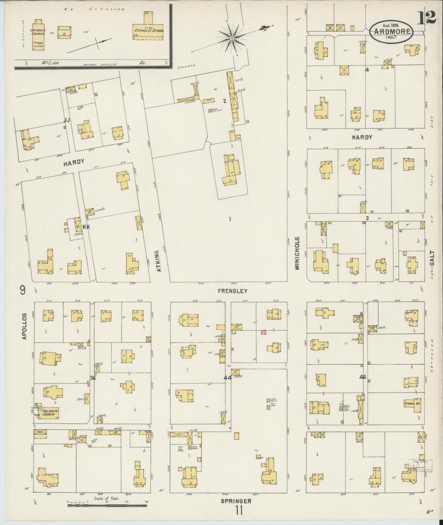Sanborn Fire Insurance Map from Ardmore, Carter County, Oklahoma (1898), Sheet #0012 - Historic Sanborn Fire Insurance Map Print, vintage old map wall art, antique decor, genealogy gift, Oklahoma Oklahoma map
