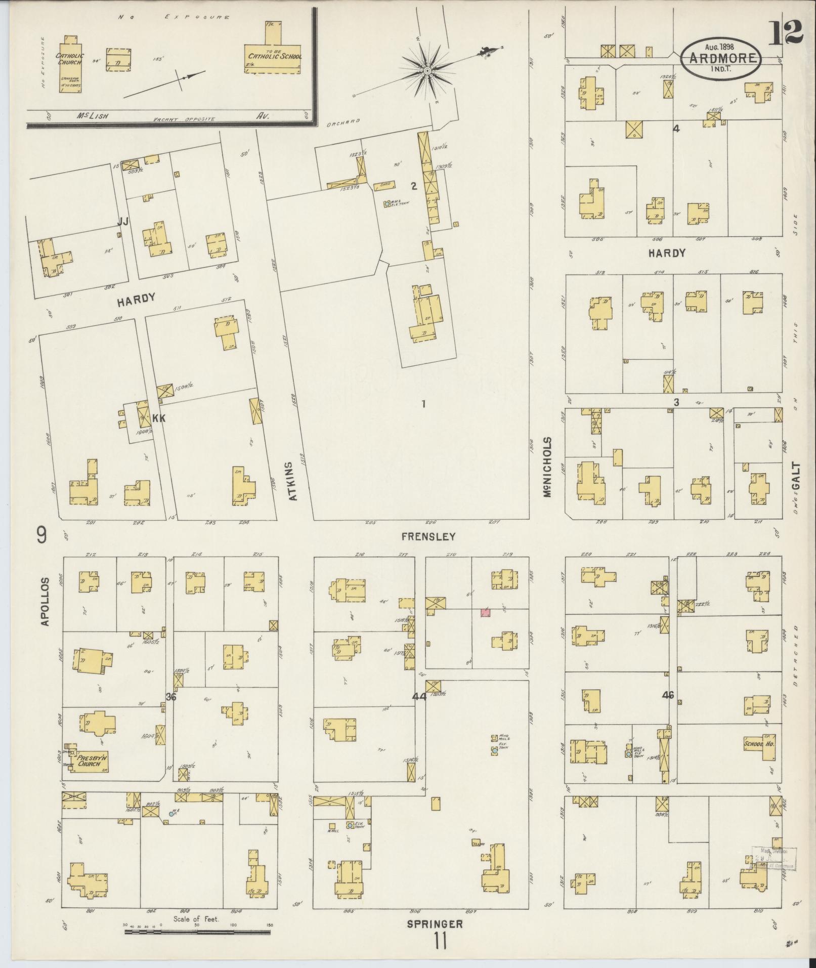 Sanborn Fire Insurance Map from Ardmore, Carter County, Oklahoma (1898), Sheet #0012 - Historic Sanborn Fire Insurance Map Print, vintage old map wall art, antique decor, genealogy gift, Oklahoma Oklahoma map