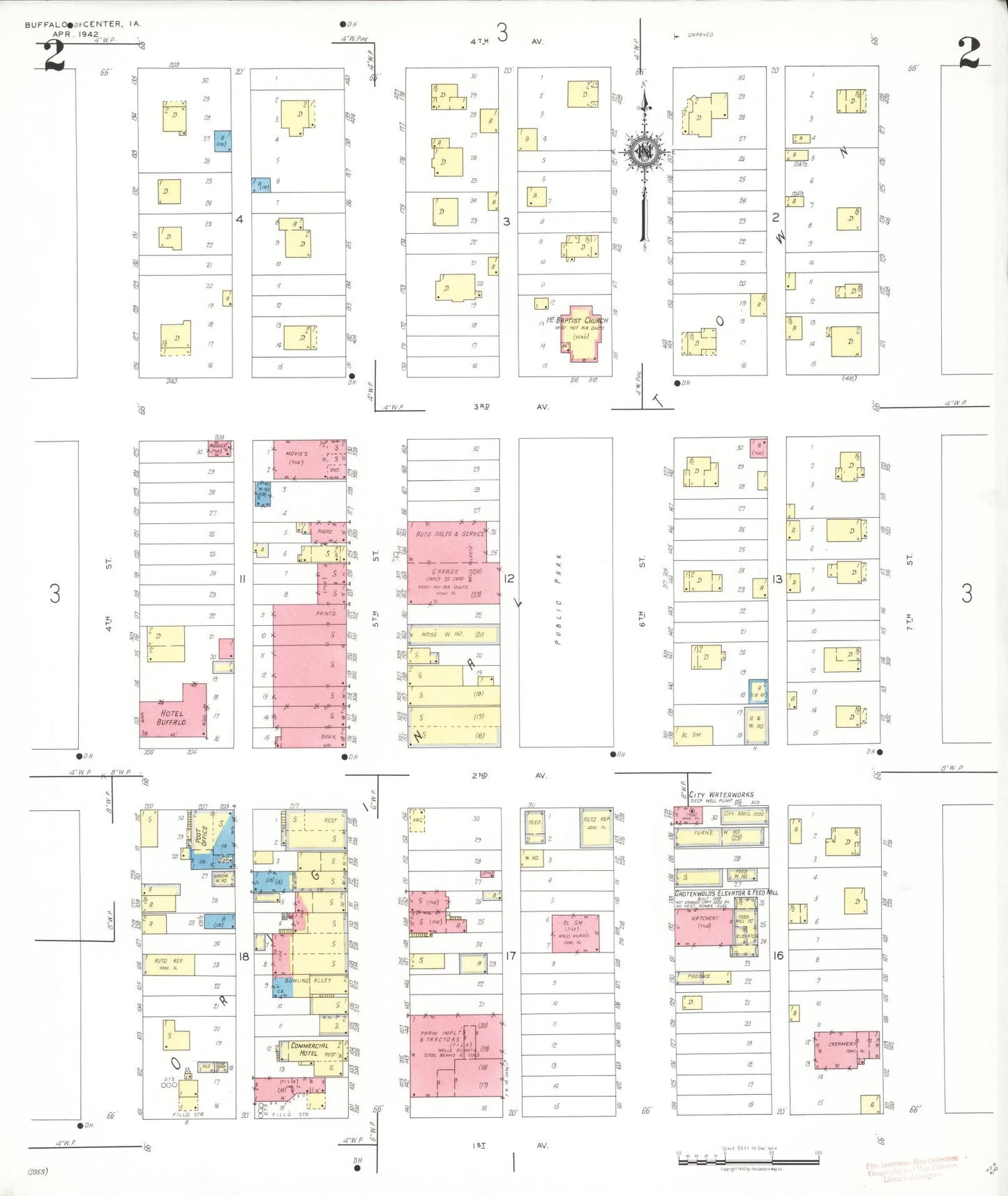 Sanborn Fire Insurance Map from Buffalo Center, Winnebago County, Iowa (1942), Sheet #0002 - Historic Sanborn Fire Insurance Map Print, vintage old map wall art