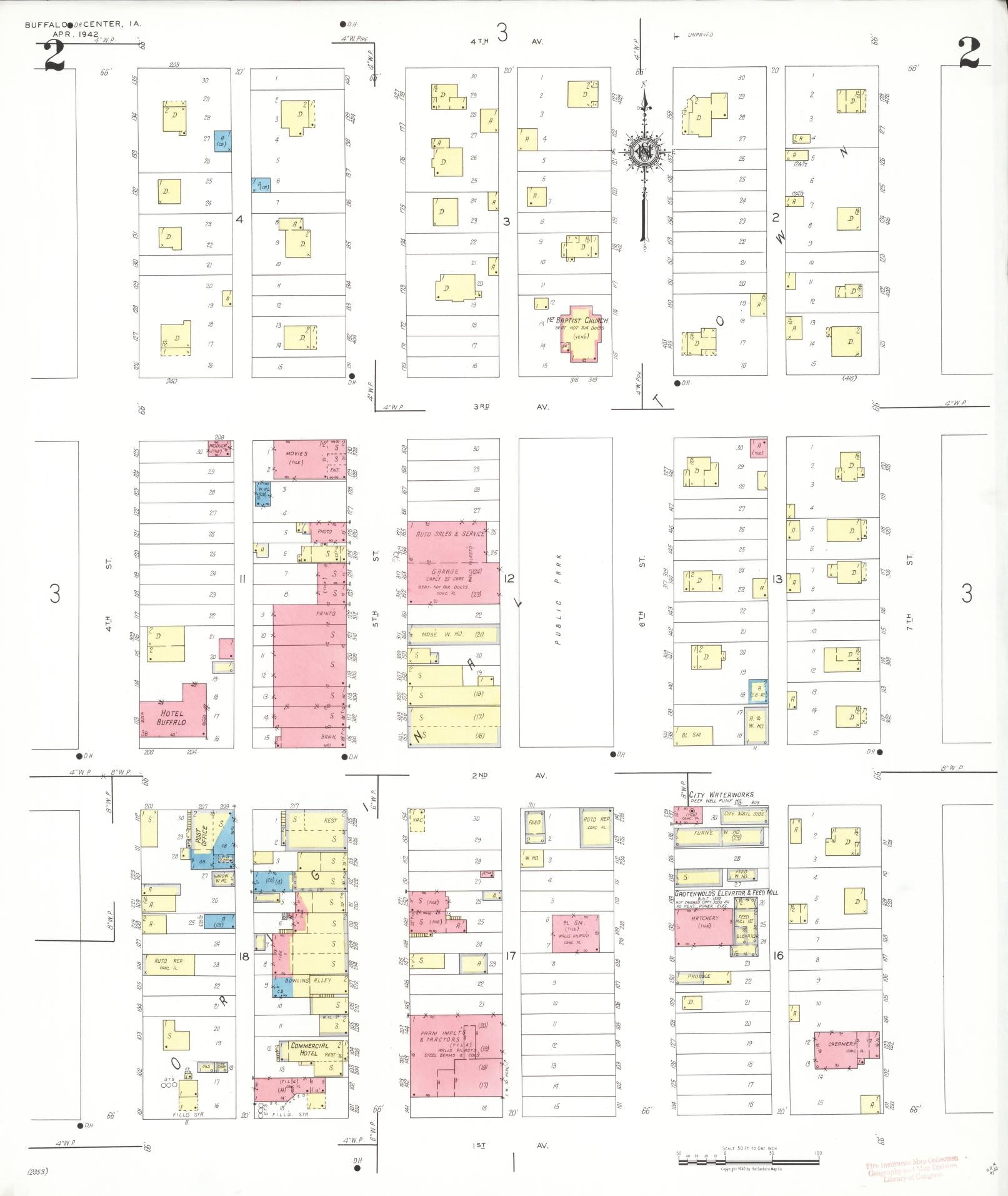 Sanborn Fire Insurance Map from Buffalo Center, Winnebago County, Iowa (1942), Sheet #0002 - Historic Sanborn Fire Insurance Map Print, vintage old map wall art