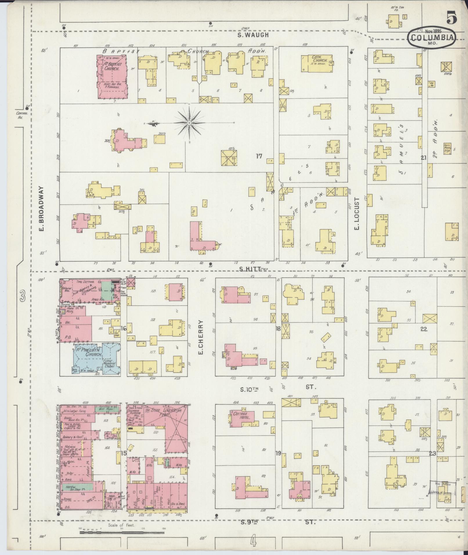 Sanborn Fire Insurance Map from Columbia, Boone County, Missouri (1895), Sheet #0005 - Complete Map Set gallery image, historic Sanborn map, vintage wall art, Missouri Missouri