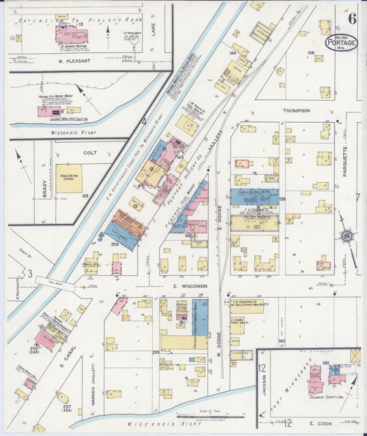 Sanborn Fire Insurance Map from Portage, Columbia County, Wisconsin (1918), Sheet #0006 - Historic Sanborn Fire Insurance Map Print, vintage old map wall art, antique decor, genealogy gift, Wisconsin Wisconsin map