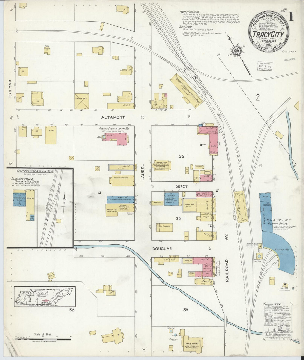 Sanborn Fire Insurance Map from Tracy City, Grundy County, Tennessee (1917), Sheet #0001 - Complete Map Set gallery image, historic Sanborn map, vintage wall art, Tennessee Tennessee