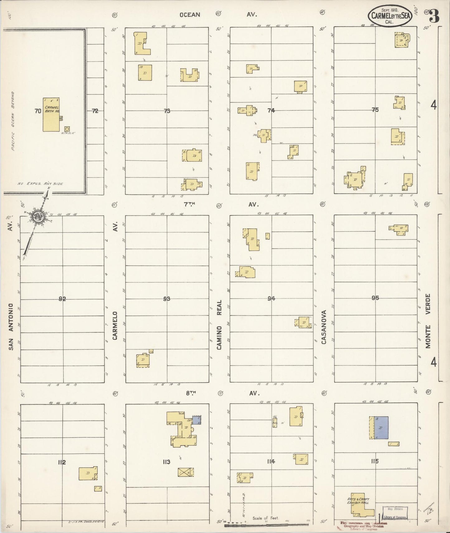 Sanborn Fire Insurance Map from Carmel By The Sea, Monterey County, California (1910), Sheet #0003 - Historic Sanborn Fire Insurance Map Print, vintage old map wall art, antique decor, genealogy gift, California California map