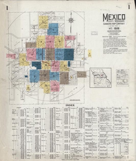 Sanborn Fire Insurance Map from Mexico, Audrain County, Missouri (1926), Sheet #0001 - Historic Sanborn Fire Insurance Map Print, vintage old map wall art, antique decor, genealogy gift, Missouri Missouri map
