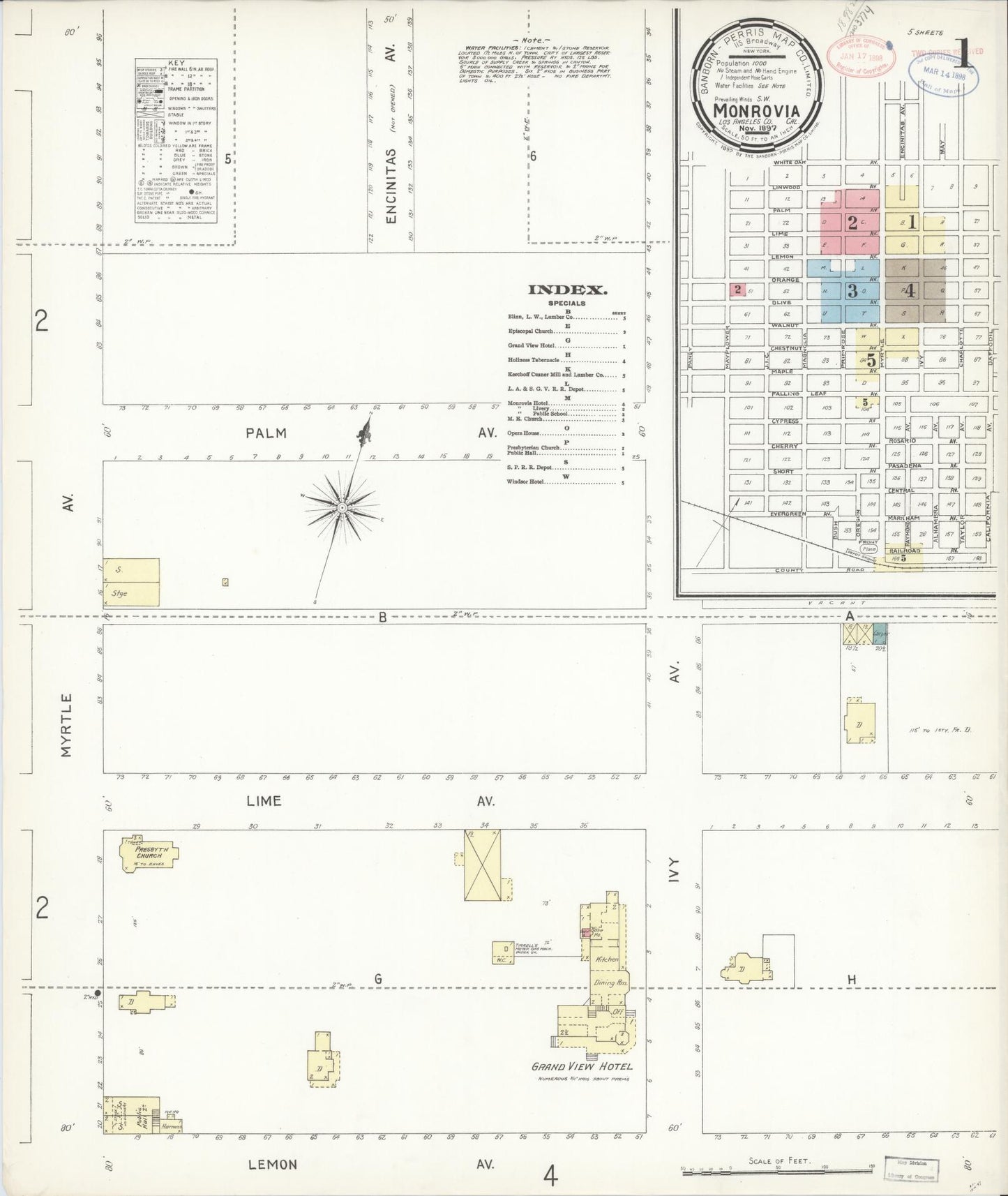 Sanborn Fire Insurance Map from Monrovia, Los Angeles County, California (1897), Sheet #0001 - Historic Sanborn Fire Insurance Map Print, vintage old map wall art, antique decor, genealogy gift, California California map