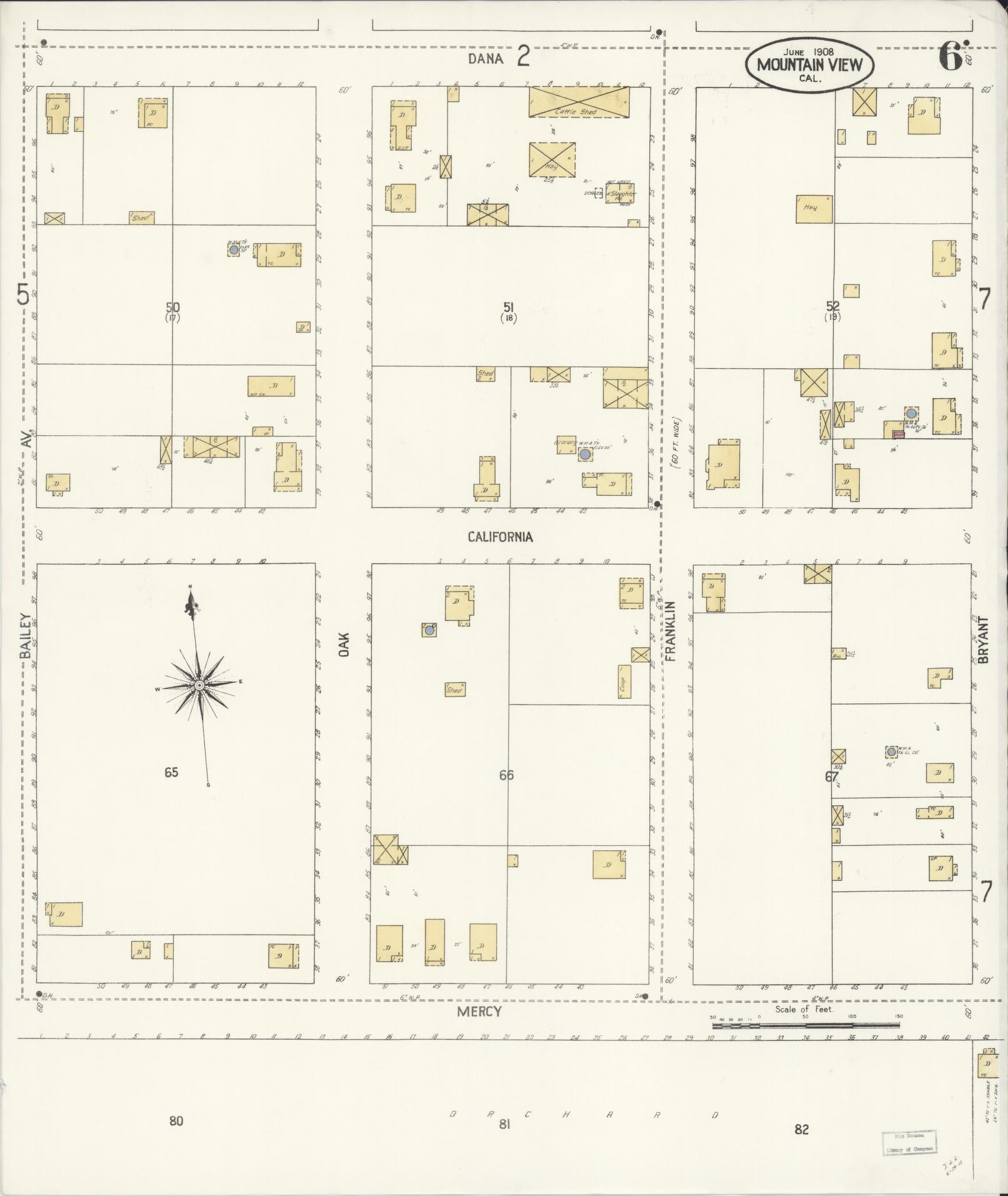 Sanborn Fire Insurance Map from Mountain View, Santa Clara County, California (1908), Sheet #0006 - Complete Map Set gallery image, historic Sanborn map, vintage wall art, California California