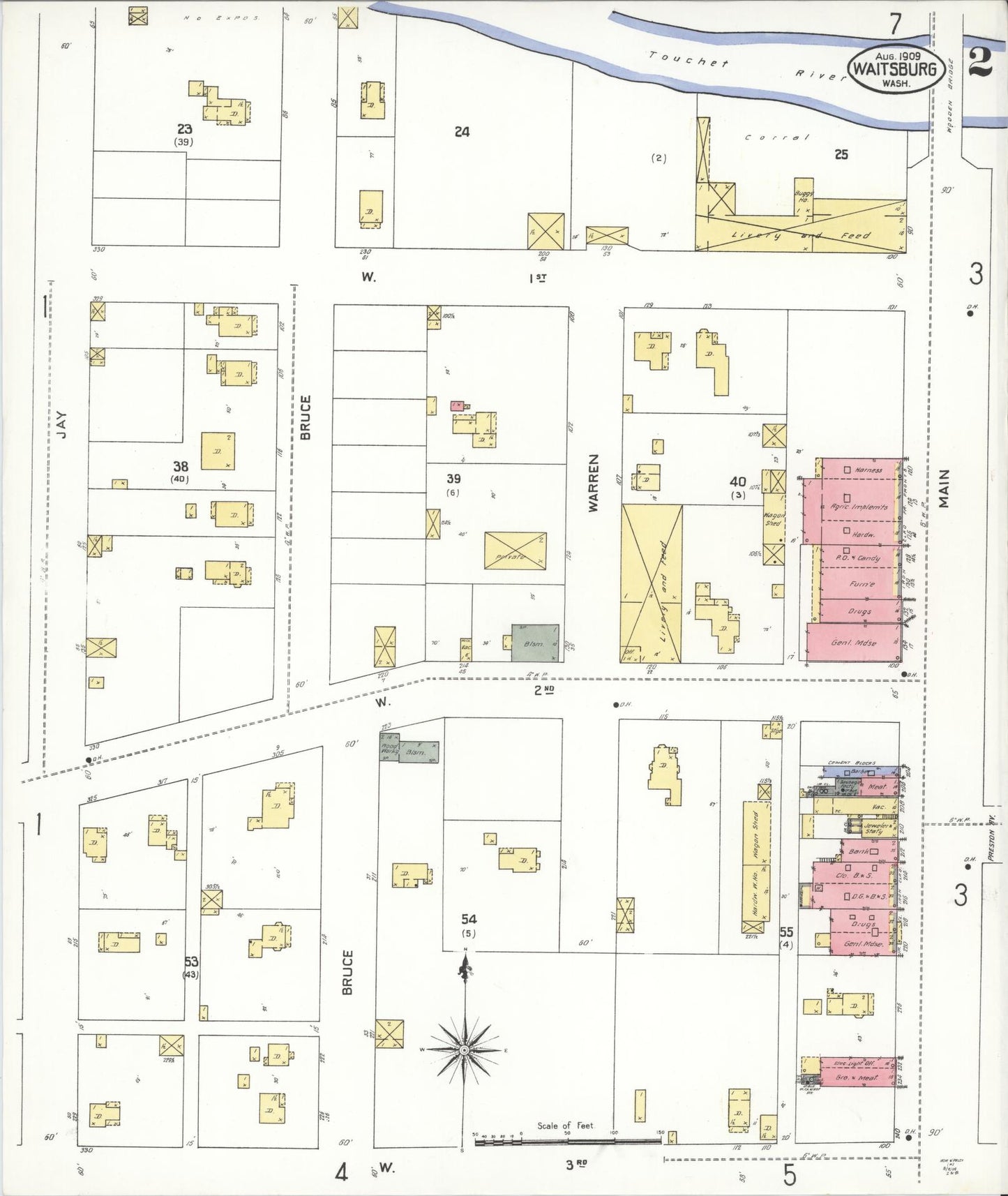 Sanborn Fire Insurance Map from Waitsburg, Walla Walla County, Washington (1909), Sheet #0002 - Complete Map Set gallery image, historic Sanborn map, vintage wall art, Washington Washington
