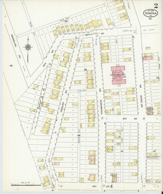 Sanborn Fire Insurance Map from Donora, Washington County, Pennsylvania (1909), Sheet #0002 - Historic Sanborn Fire Insurance Map Print, vintage old map wall art, antique decor, genealogy gift, Pennsylvania Pennsylvania map