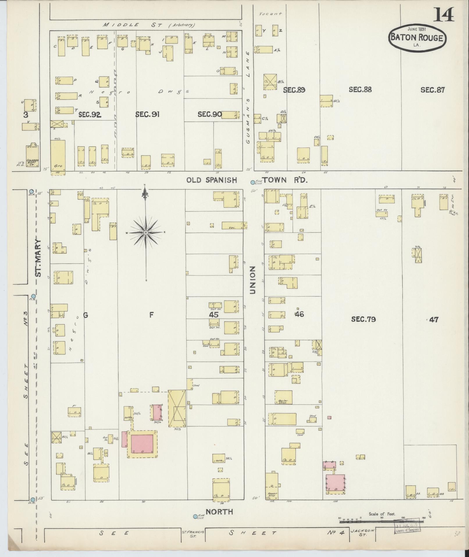Sanborn Fire Insurance Map from Baton Rouge, East Baton Rouge Parish, Louisiana (1891), Sheet #0014 - Historic Sanborn Fire Insurance Map Print, vintage old map wall art, antique decor, genealogy gift, Louisiana Louisiana map