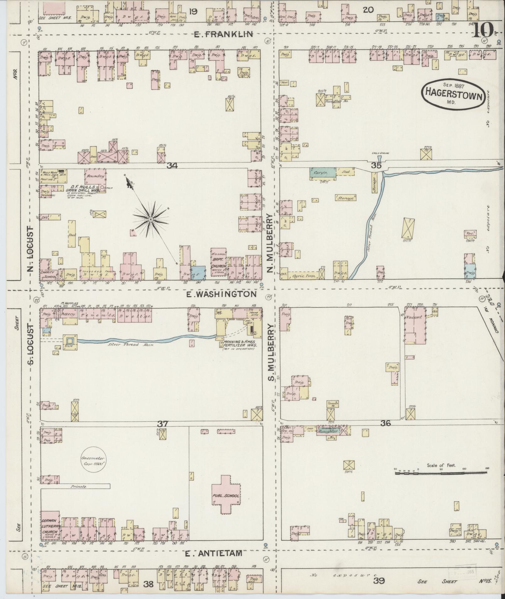 Washington, Maryland - 1887 - Sanborn Fire Insurance Map, Sheet #0010 - Historic Sanborn Fire Insurance Map Print, Washington Maryland 1887 0010 vintage old map wall art