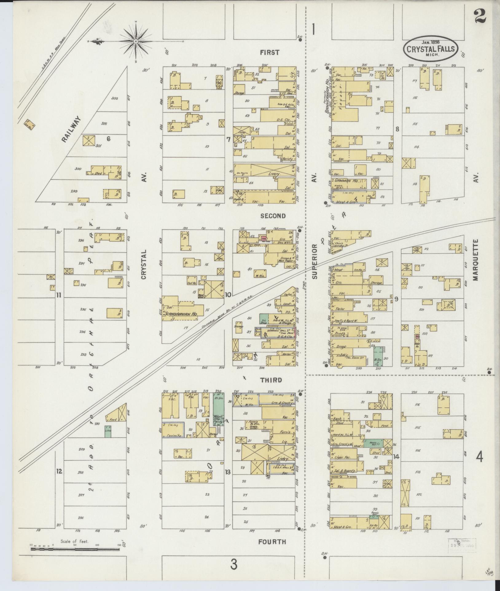 Sanborn Fire Insurance Map from Crystal Falls, Iron County, Michigan (1898), Sheet #0002 - Historic Sanborn Fire Insurance Map Print, vintage old map wall art, antique decor, genealogy gift, Michigan Michigan map