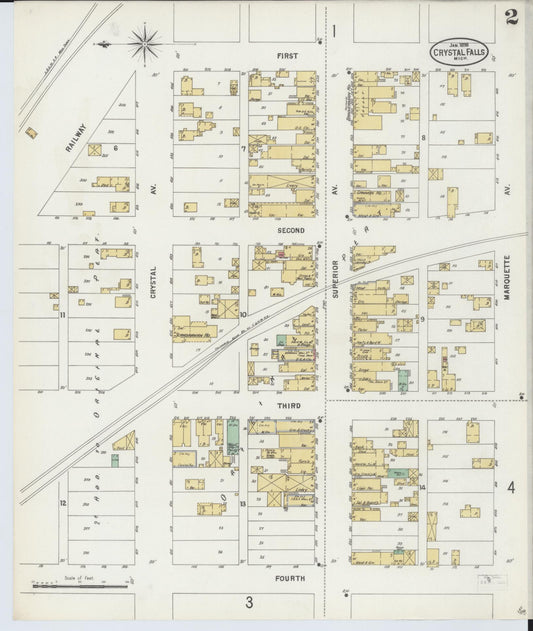 Sanborn Fire Insurance Map from Crystal Falls, Iron County, Michigan (1898), Sheet #0002 - Historic Sanborn Fire Insurance Map Print, vintage old map wall art, antique decor, genealogy gift, Michigan Michigan map