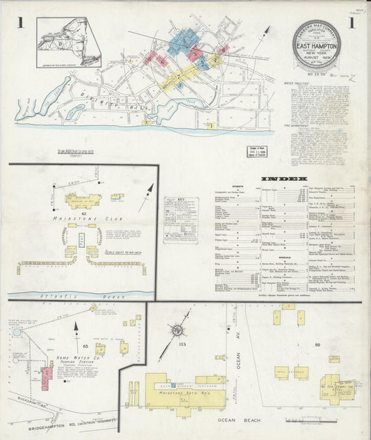 Sanborn Fire Insurance Map from Easthampton, Suffolk County, New York (1929), Sheet #0001 - Historic Sanborn Fire Insurance Map Print, vintage old map wall art, antique decor, genealogy gift, New York New York map