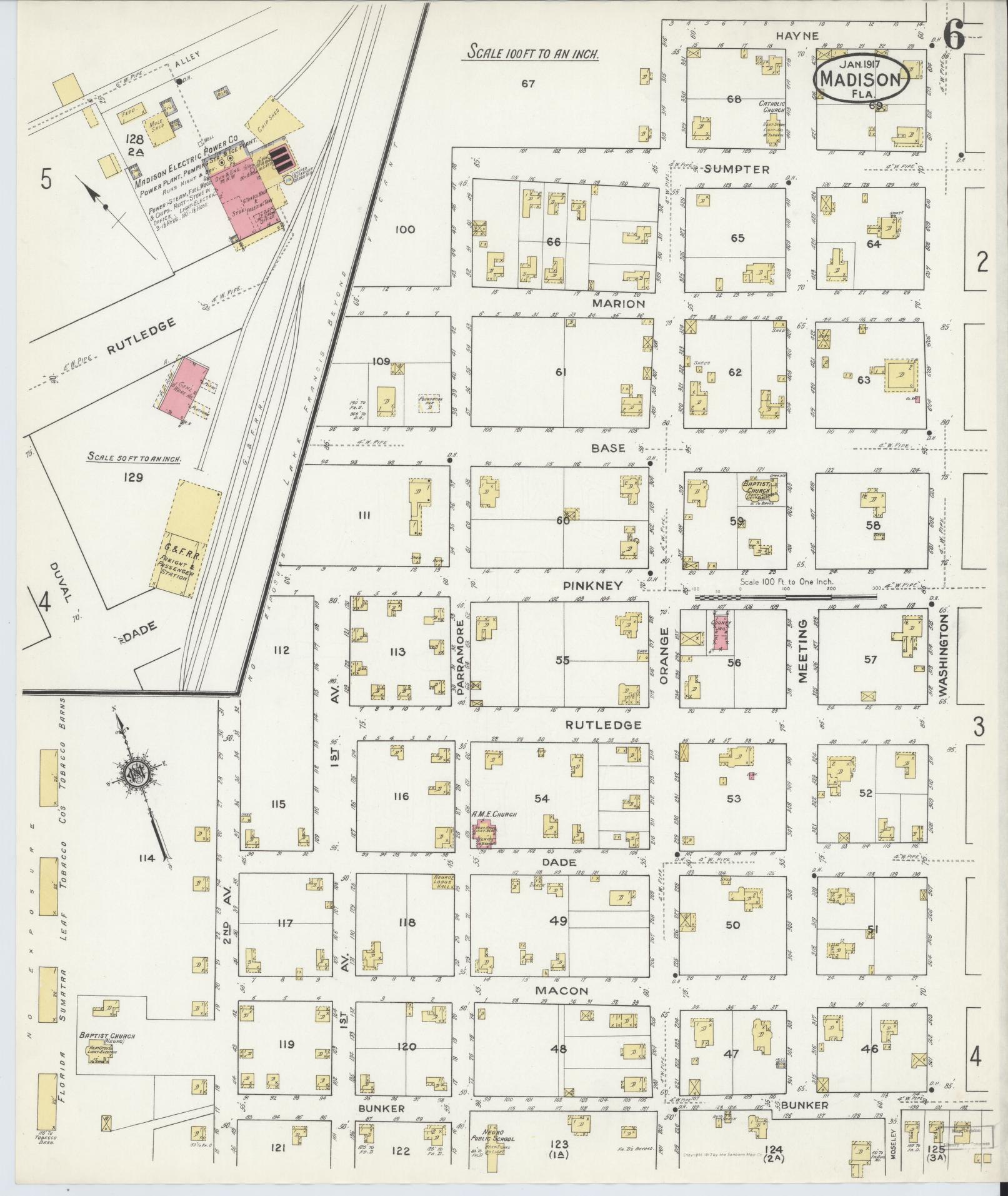 Sanborn Fire Insurance Map from Madison, Madison County, Florida (1917), Sheet #0006 - Complete Map Set gallery image, historic Sanborn map, vintage wall art, Florida Florida