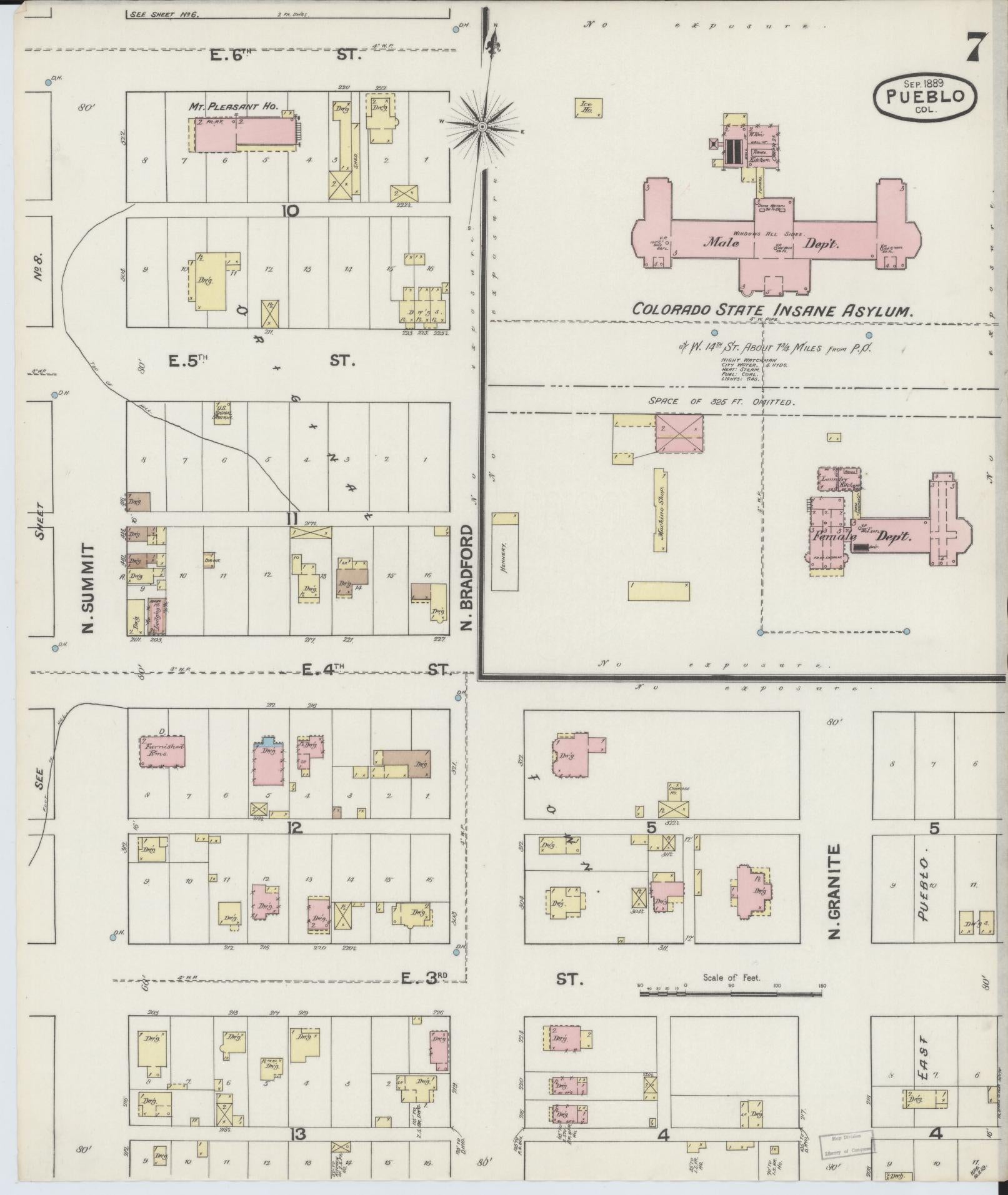 Sanborn Fire Insurance Map from Pueblo, Pueblo County, Colorado (1889), Sheet #0007 - Historic Sanborn Fire Insurance Map Print, vintage old map wall art, antique decor, genealogy gift, Colorado Colorado map