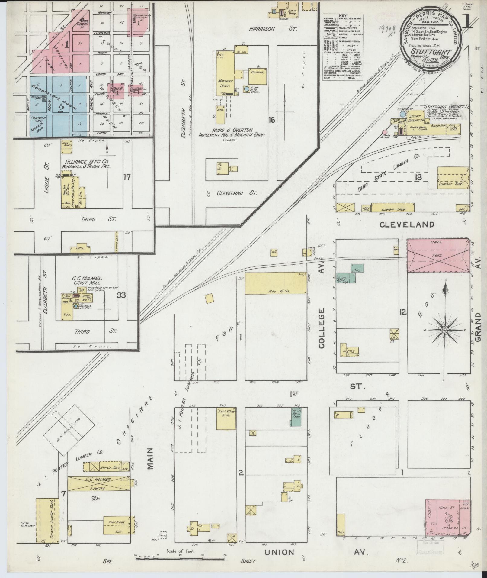 Sanborn Fire Insurance Map from Stuttgart, Arkansas County, Arkansas (1892), Sheet #0001 - Historic Sanborn Fire Insurance Map Print, vintage old map wall art, antique decor, genealogy gift, Stuttgart Arkansas map