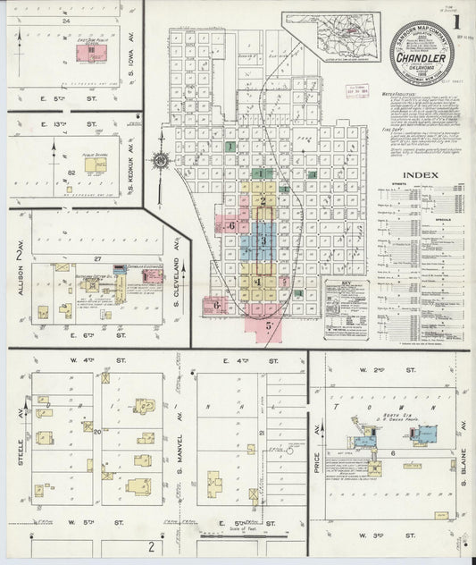 Sanborn Fire Insurance Map from Chandler, Lincoln County, Oklahoma (1914), Sheet #0001 - Complete Map Set gallery image, historic Sanborn map, vintage wall art, Oklahoma Oklahoma