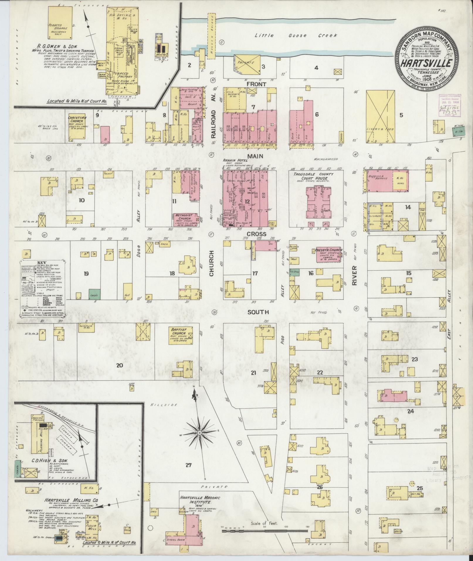 Sanborn Fire Insurance Map from Hartsville, Trousdale County, Tennessee. (1908) – Historic Sanborn Fire Insurance Map Print
