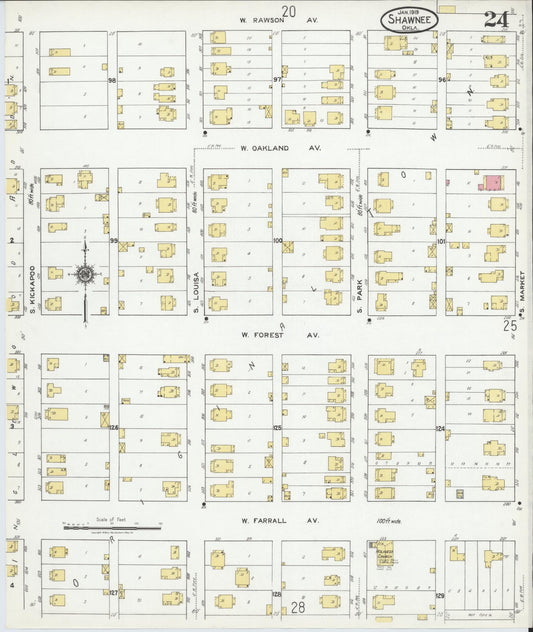 Sanborn Fire Insurance Map from Shawnee, Pottawatomie County, Oklahoma (1919), Sheet #0024 - Historic Sanborn Fire Insurance Map Print, vintage old map wall art, antique decor, genealogy gift, Oklahoma Oklahoma map