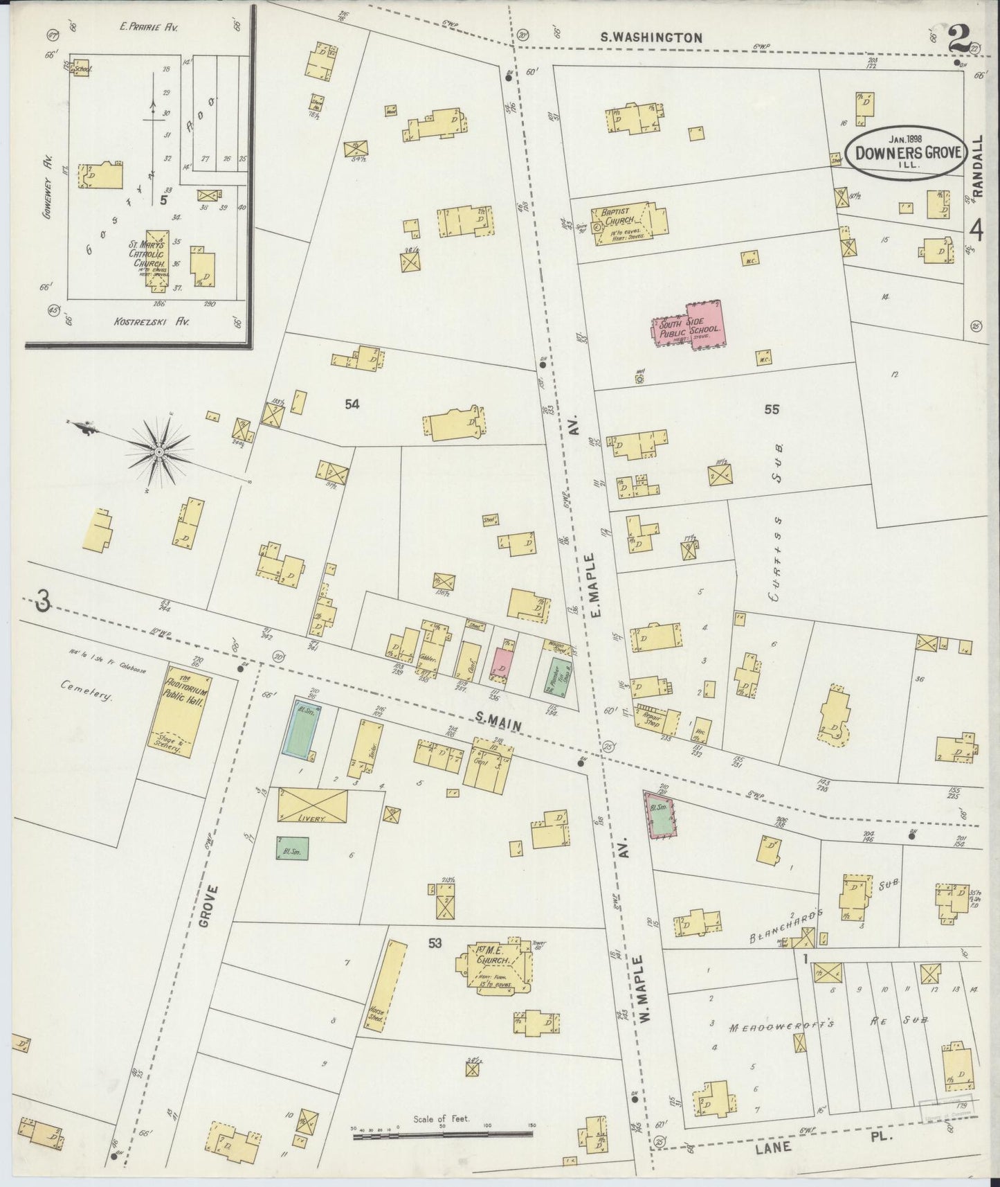 Sanborn Fire Insurance Map from Downers Grove, Dupage County, Illinois (1898), Sheet #0002 - Complete Map Set gallery image, historic Sanborn map, vintage wall art, Illinois Illinois