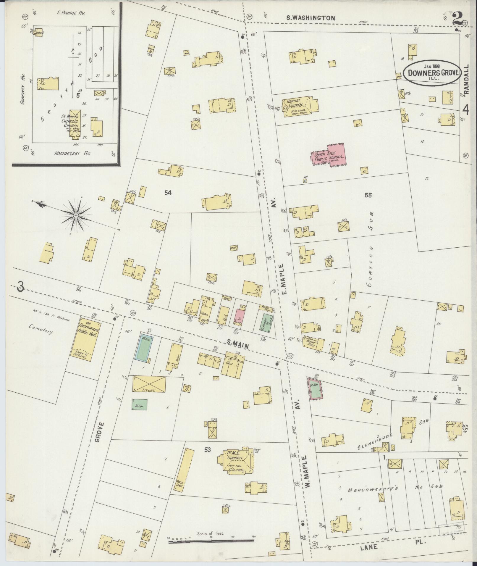 Sanborn Fire Insurance Map from Downers Grove, Dupage County, Illinois (1898), Sheet #0002 - Complete Map Set gallery image, historic Sanborn map, vintage wall art, Illinois Illinois
