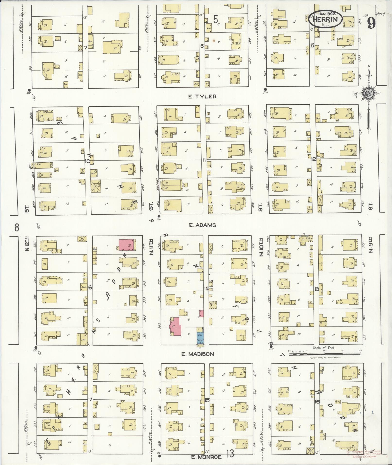 Sanborn Fire Insurance Map from Herrin, Williamson County, Illinois (1922), Sheet #0009 - Complete Map Set gallery image, historic Sanborn map, vintage wall art, Illinois Illinois