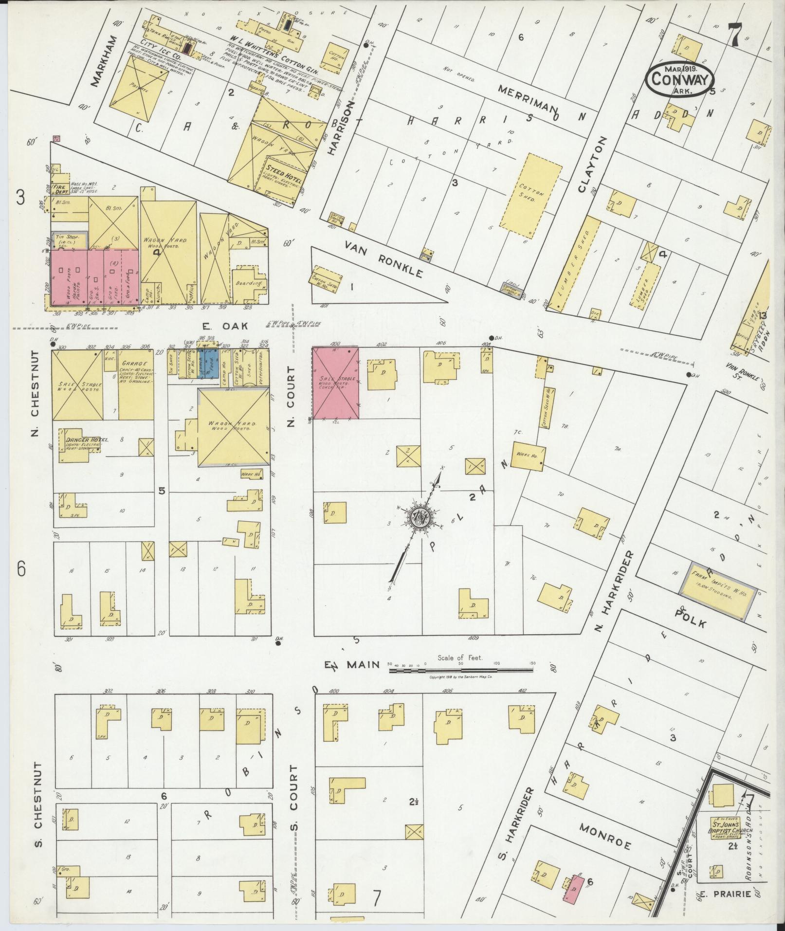 Sanborn Fire Insurance Map from Conway, Faulkner County, Arkansas (1919), Sheet #0007 - Historic Sanborn Fire Insurance Map Print, vintage old map wall art, antique decor, genealogy gift, Arkansas Arkansas map