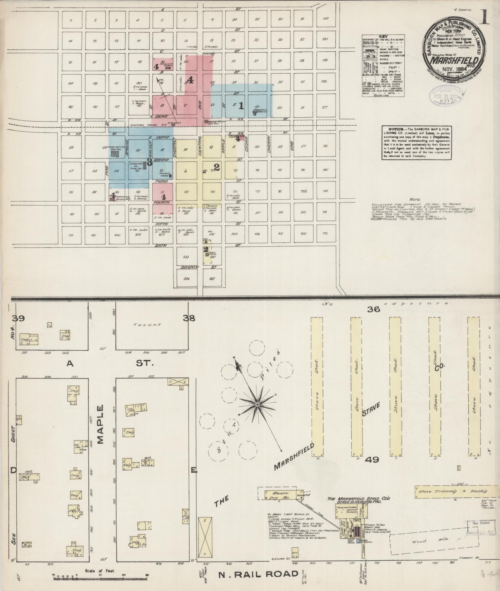 Sanborn Fire Insurance Map from Marshfield, Wood County, Wisconsin (1884), Sheet #0001 - Complete Map Set gallery image, historic Sanborn map, vintage wall art, Wisconsin Wisconsin
