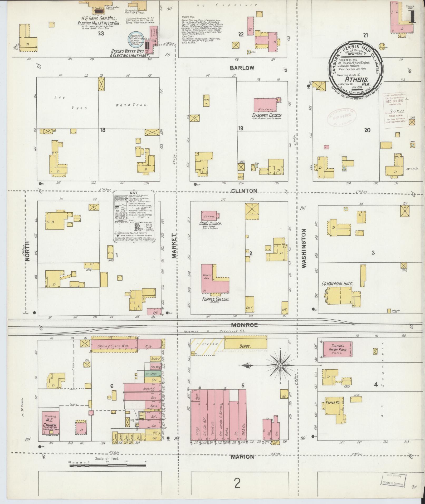 Sanborn Fire Insurance Map from Athens, Limestone County, Alabama (1899), Sheet #0001 - Complete Map Set gallery image, historic Sanborn map, vintage wall art, Alabama Alabama