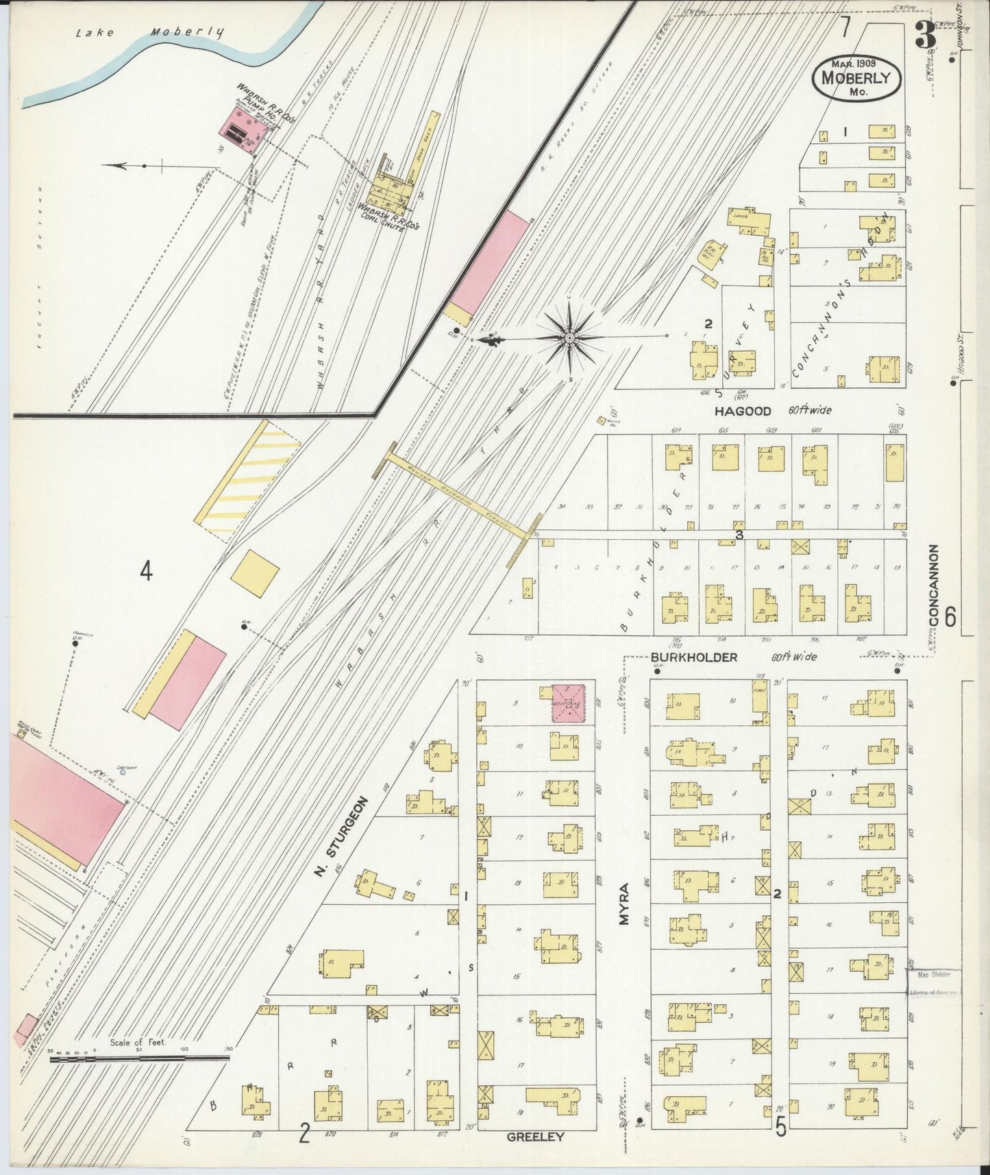 Sanborn Fire Insurance Map from Moberly, Randolph County, Missouri (1909), Sheet #0003 - Complete Map Set gallery image, historic Sanborn map, vintage wall art, Missouri Missouri