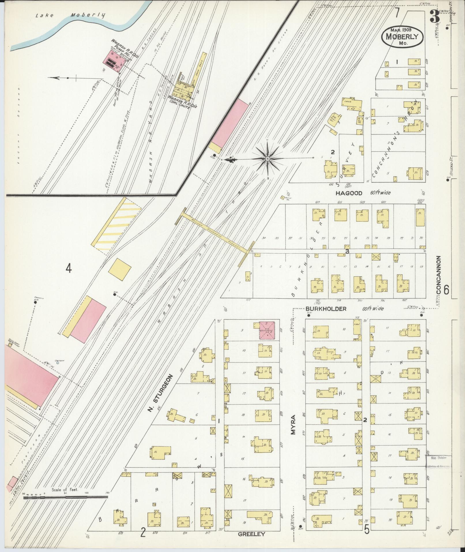 Sanborn Fire Insurance Map from Moberly, Randolph County, Missouri (1909), Sheet #0003 - Complete Map Set gallery image, historic Sanborn map, vintage wall art, Missouri Missouri