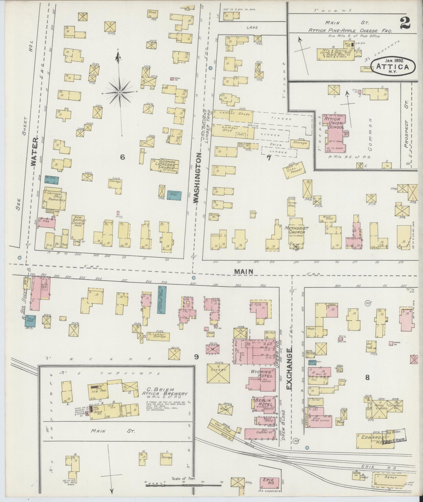 Sanborn Fire Insurance Map from Attica, Wyoming County, New York (1892), Sheet #0002 - Complete Map Set gallery image, historic Sanborn map, vintage wall art, Attica Wyoming