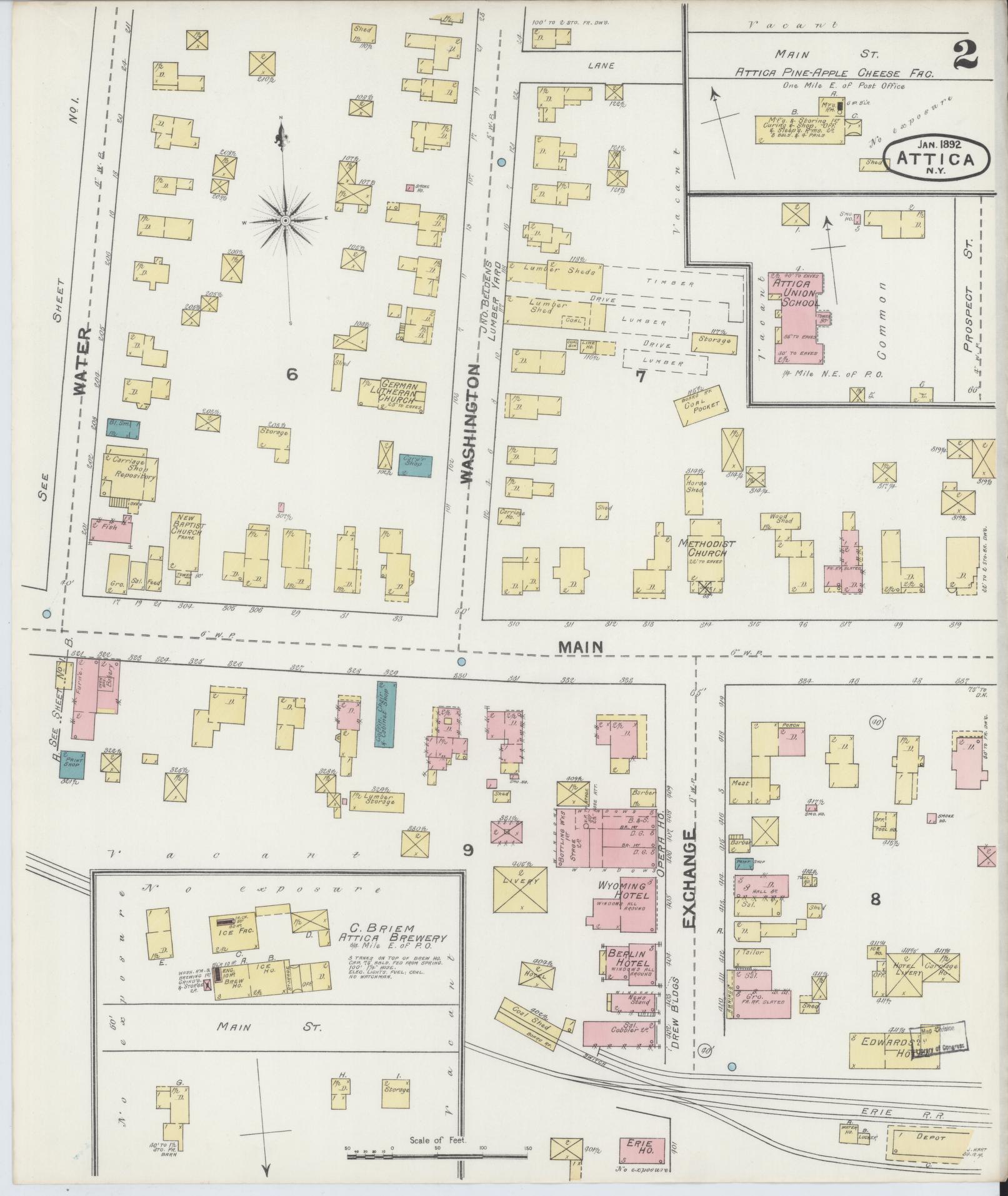Sanborn Fire Insurance Map from Attica, Wyoming County, New York (1892), Sheet #0002 - Complete Map Set gallery image, historic Sanborn map, vintage wall art, Attica Wyoming
