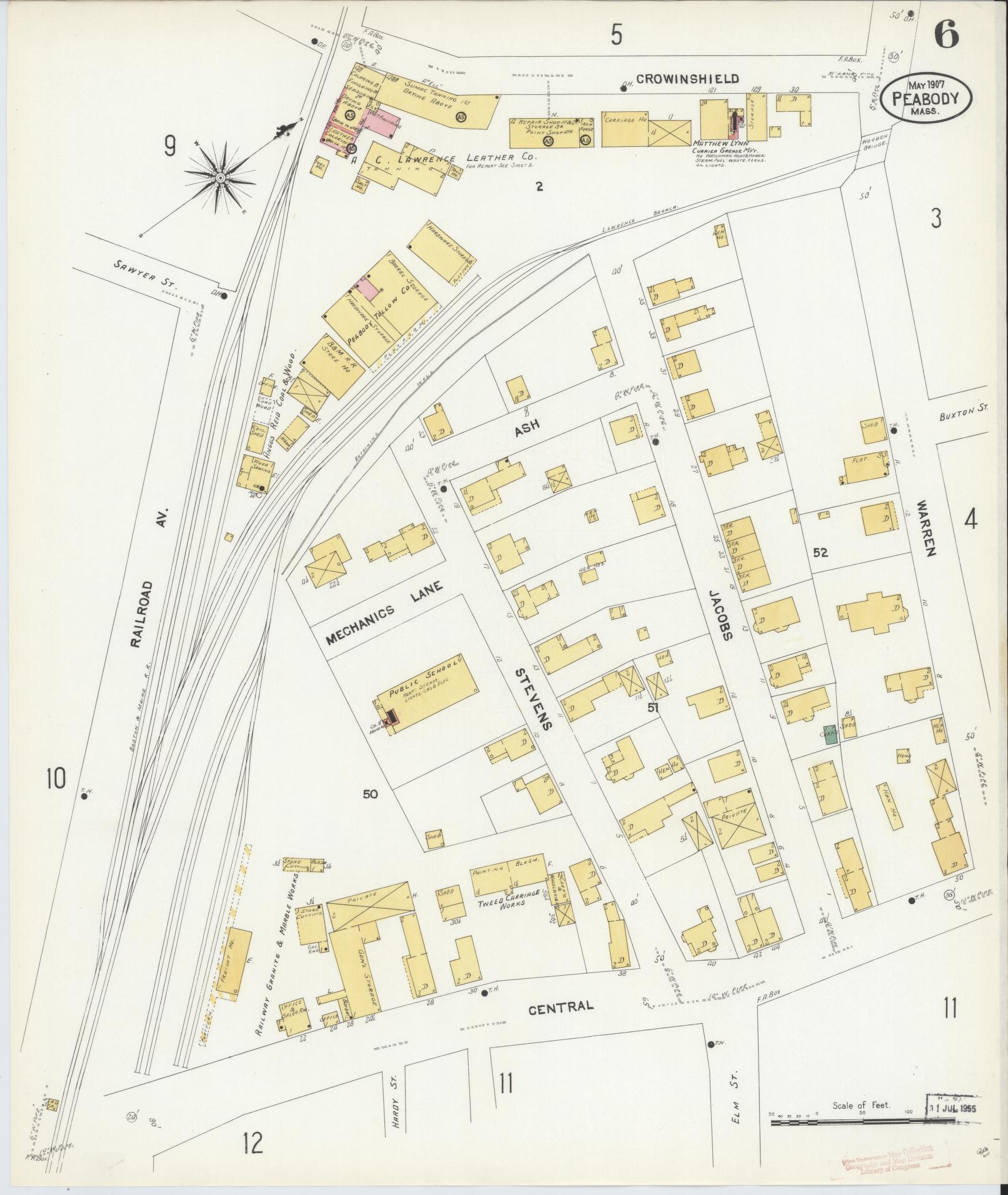 Sanborn Fire Insurance Map from Peabody, Essex County, Massachusetts (1907), Sheet #0006 - Complete Map Set gallery image, historic Sanborn map, vintage wall art, Massachusetts Massachusetts