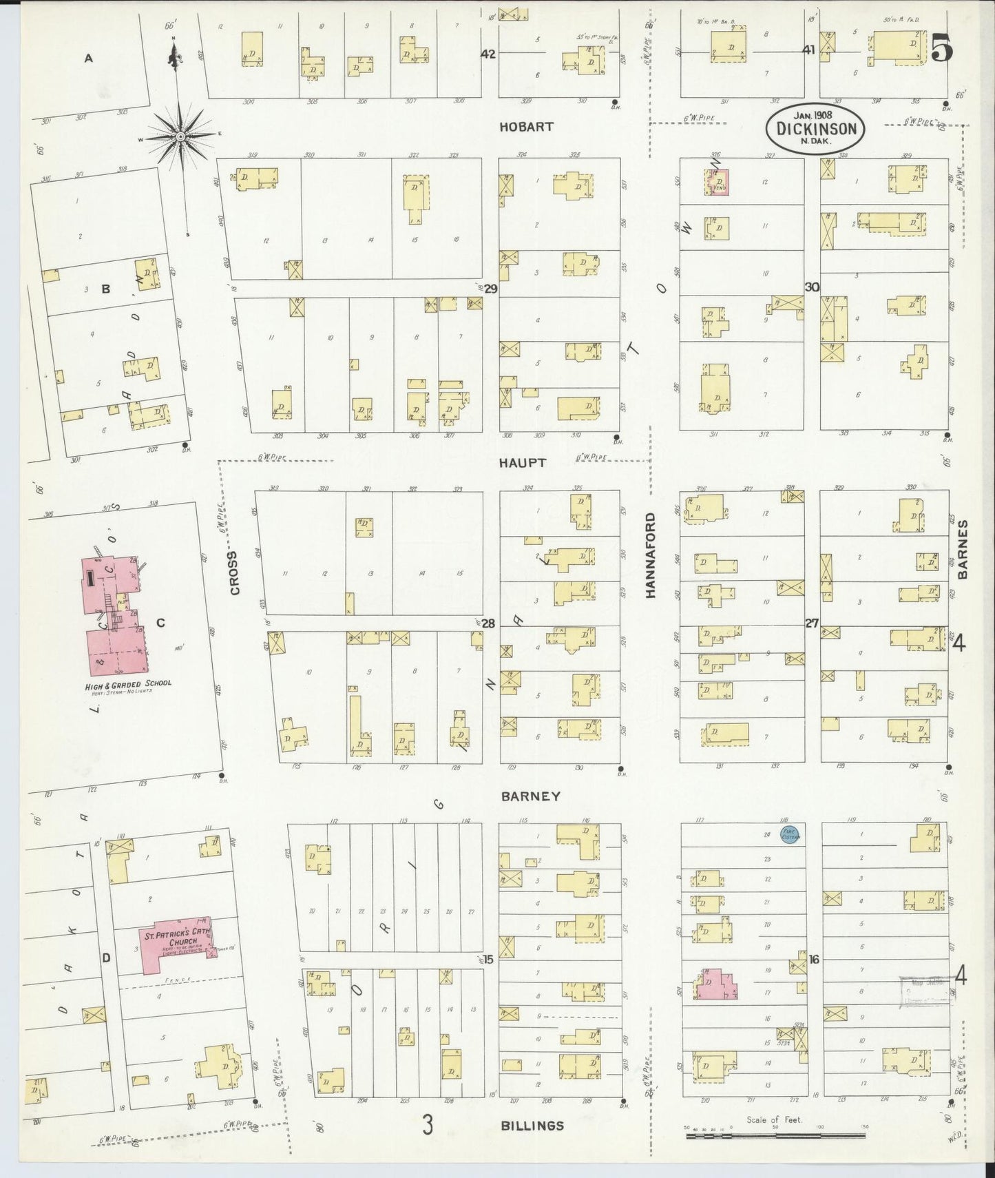 Sanborn Fire Insurance Map from Dickinson, Stark County, North Dakota (1908), Sheet #0005 - Historic Sanborn Fire Insurance Map Print, vintage old map wall art, antique decor, genealogy gift, North Dakota North Dakota map