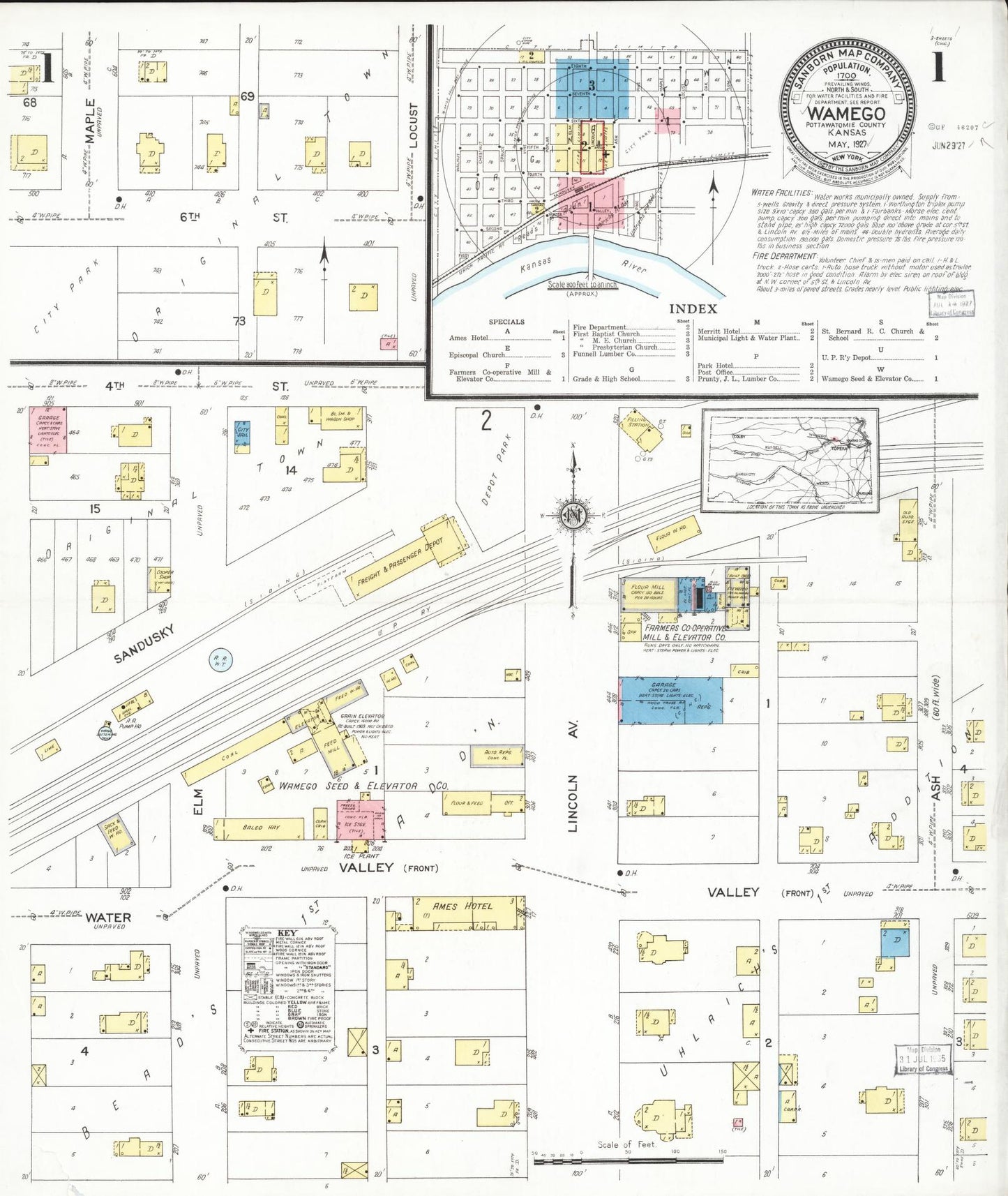 Sanborn Fire Insurance Map from Wamego, Pottawatomie County, Kansas (1927), Sheet #0001 - Complete Map Set gallery image, historic Sanborn map, vintage wall art, Kansas Kansas