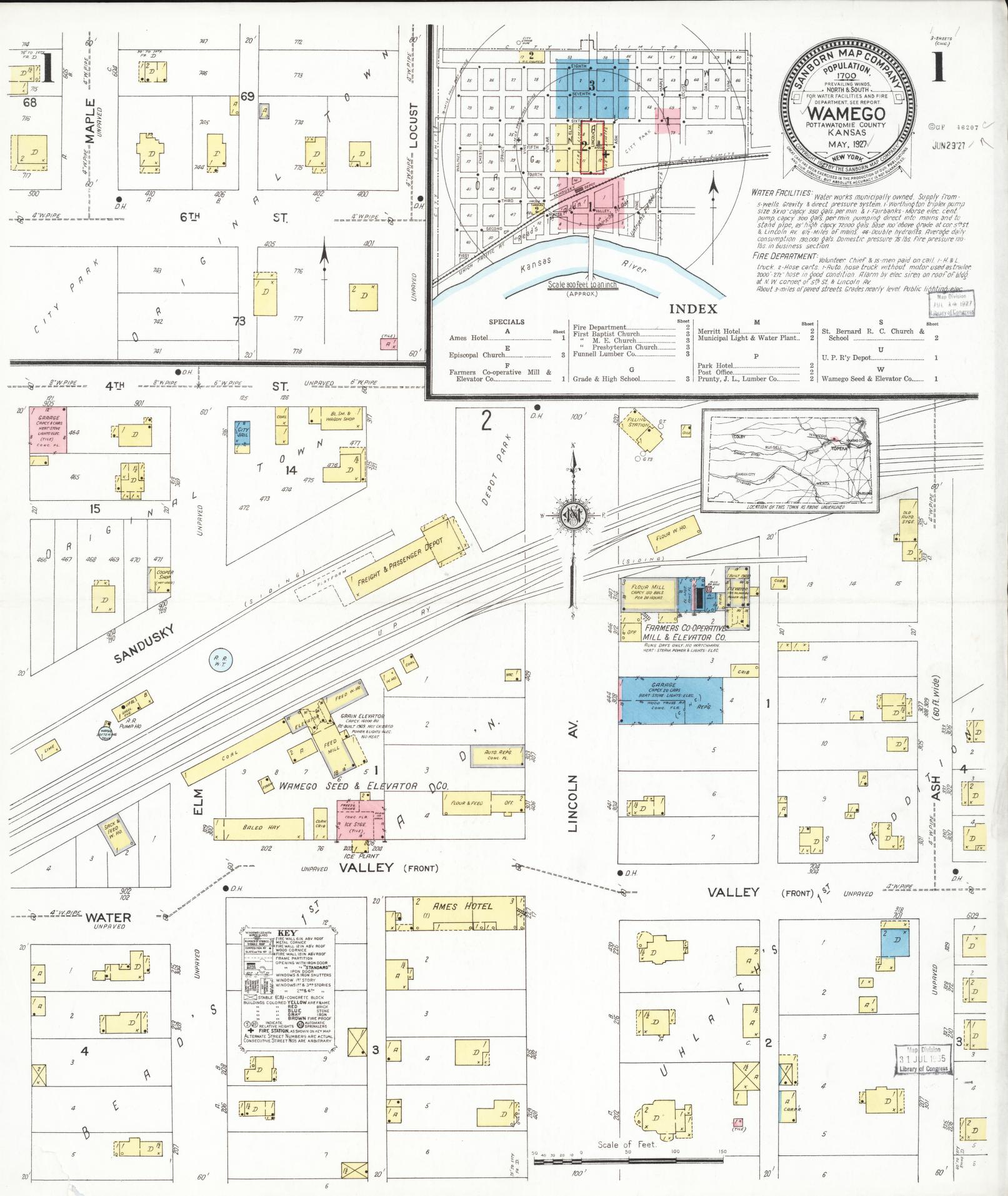 Sanborn Fire Insurance Map from Wamego, Pottawatomie County, Kansas (1927), Sheet #0001 - Complete Map Set gallery image, historic Sanborn map, vintage wall art, Kansas Kansas