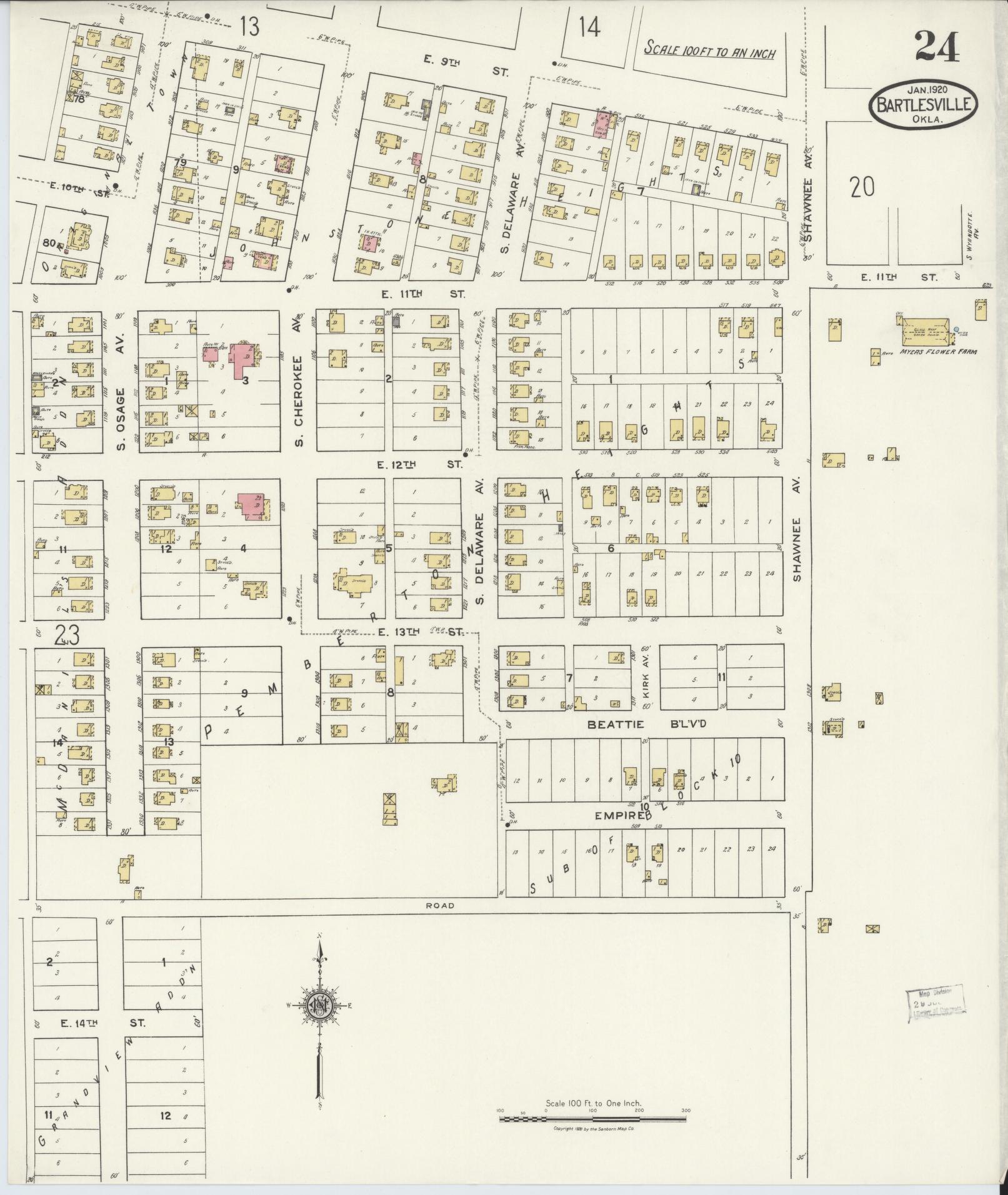 Sanborn Fire Insurance Map from Bartlesville, Washington County, Oklahoma (1920), Sheet #0024 - Historic Sanborn Fire Insurance Map Print, vintage old map wall art, antique decor, genealogy gift, Oklahoma Oklahoma map