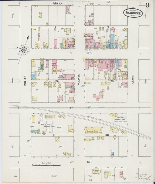 Sanborn Fire Insurance Map from Shakopee, Scott County, Minnesota (1890), Sheet #0003 - Historic Sanborn Fire Insurance Map Print, vintage old map wall art, antique decor, genealogy gift, Minnesota Minnesota map