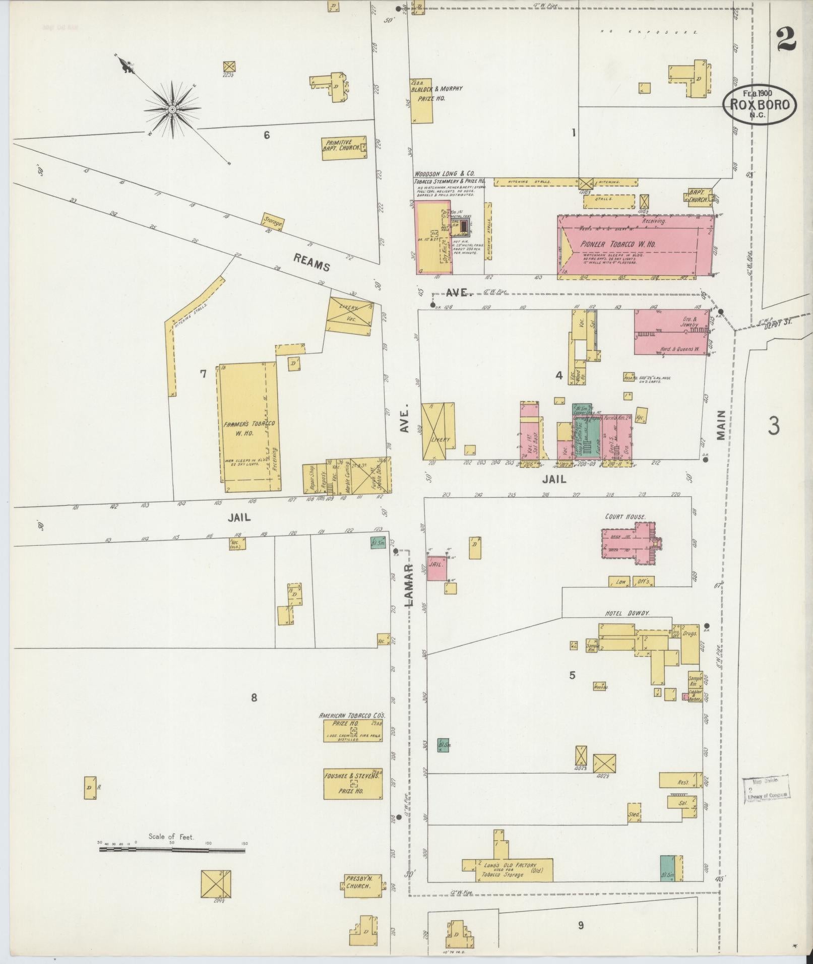 Sanborn Fire Insurance Map from Roxboro, Person County, North Carolina (1900), Sheet #0002 - Historic Sanborn Fire Insurance Map Print, vintage old map wall art, antique decor, genealogy gift, North Carolina North Carolina map
