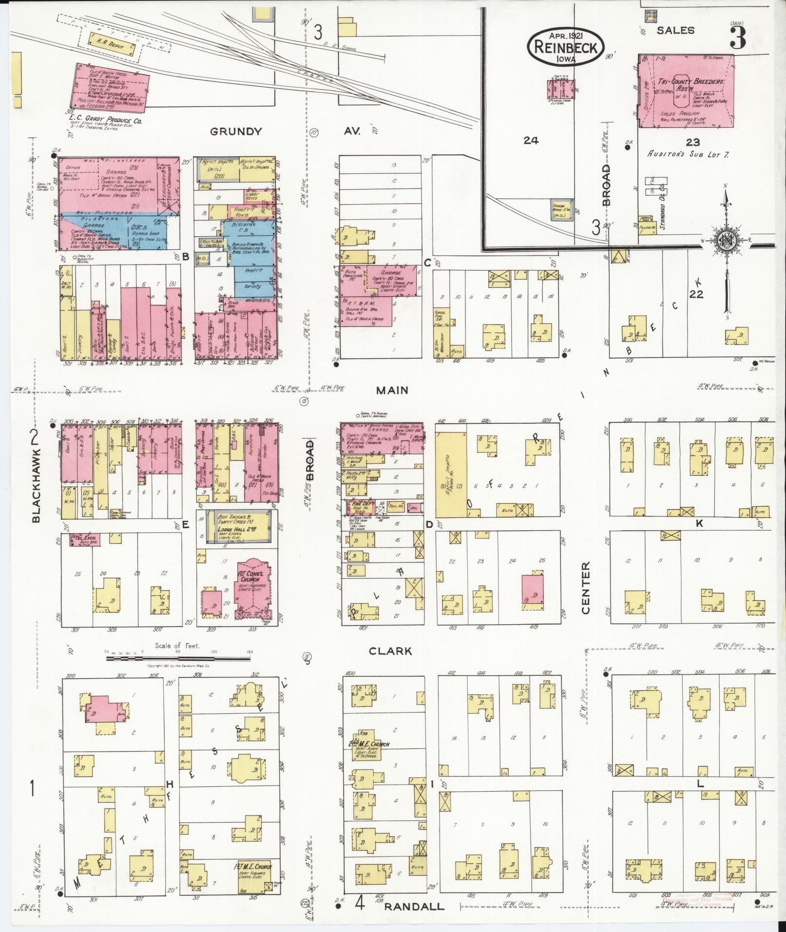 Sanborn Fire Insurance Map from Reinbeck, Grundy County, Iowa (1921), Sheet #0003 - Historic Sanborn Fire Insurance Map Print, vintage old map wall art