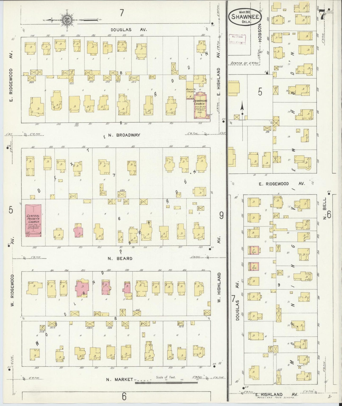 Sanborn Fire Insurance Map from Shawnee, Pottawatomie County, Oklahoma (1912), Sheet #0007 - Complete Map Set gallery image, historic Sanborn map, vintage wall art, Oklahoma Oklahoma