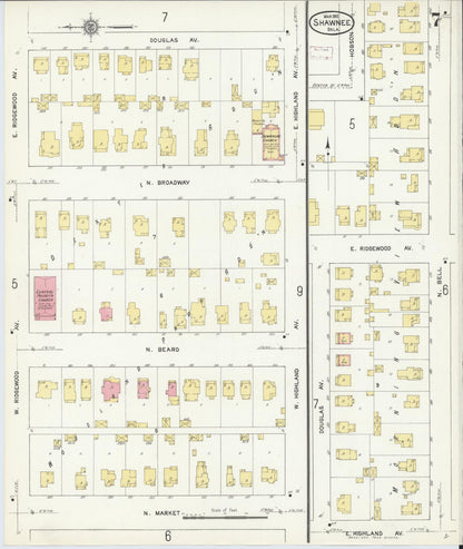 Sanborn Fire Insurance Map from Shawnee, Pottawatomie County, Oklahoma (1912), Sheet #0007 - Complete Map Set gallery image, historic Sanborn map, vintage wall art, Oklahoma Oklahoma